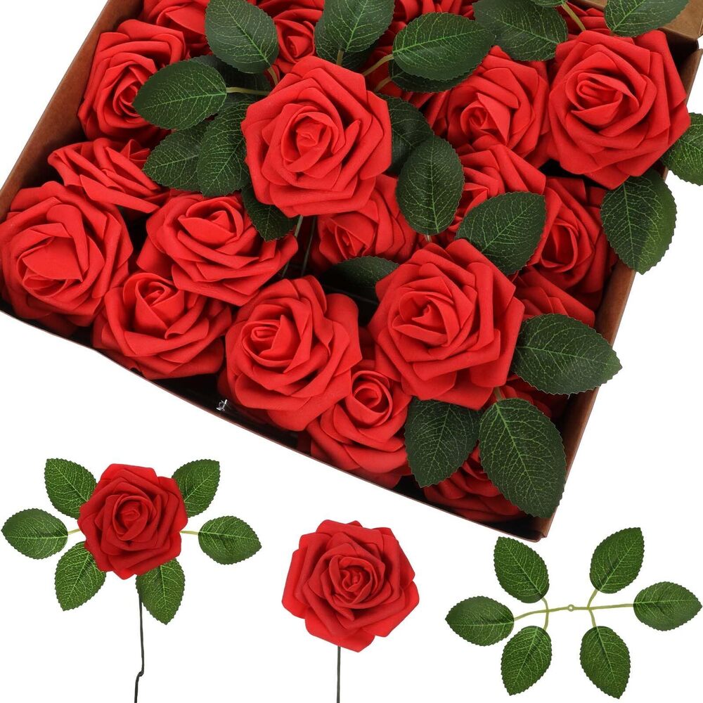 6467 50 Pcs Red Roses Artificial Flowers with Stems Valentine's Day Gifts